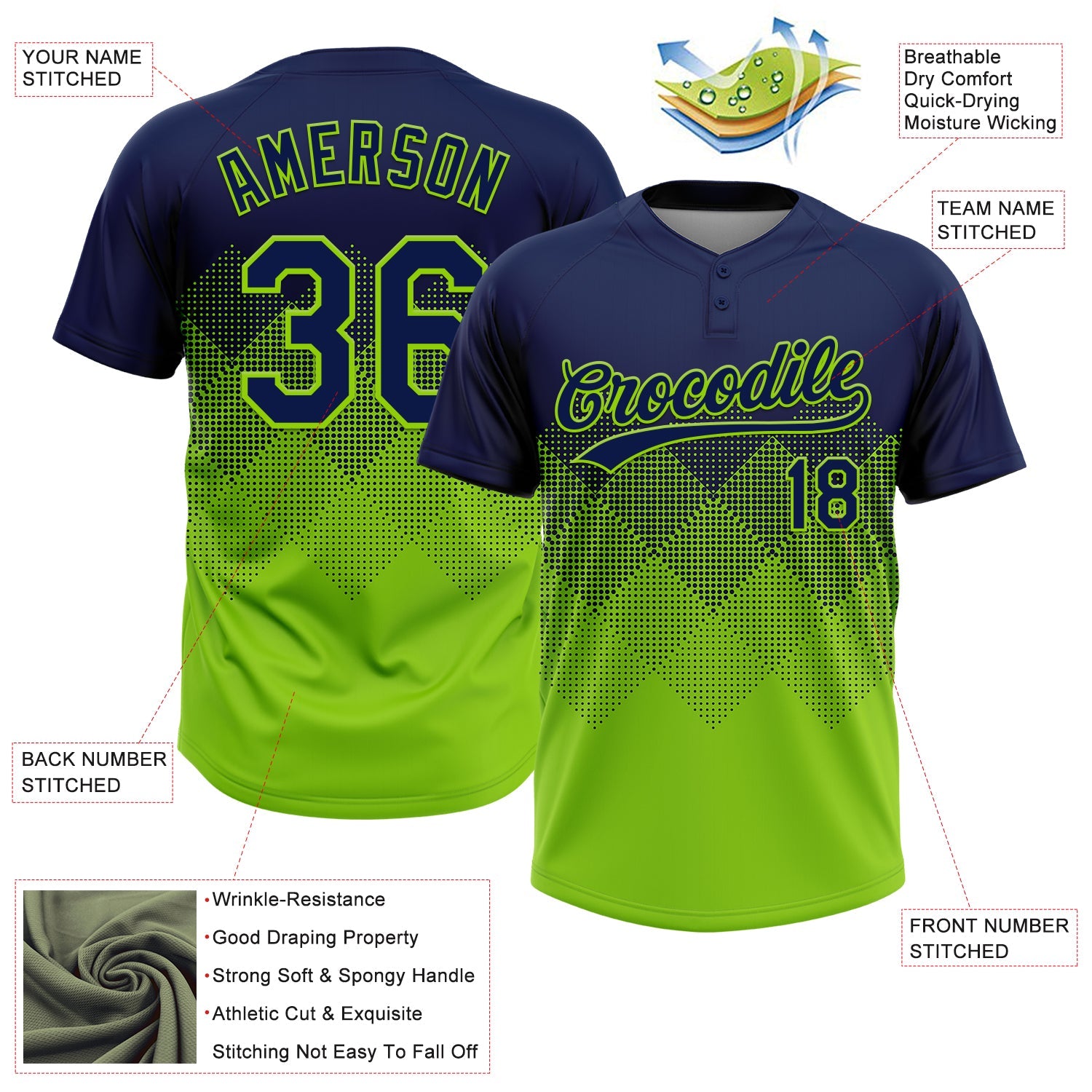 Custom Navy Neon Green 3D Gradient Square Shape Two-Button Unisex Softball Jersey view 3