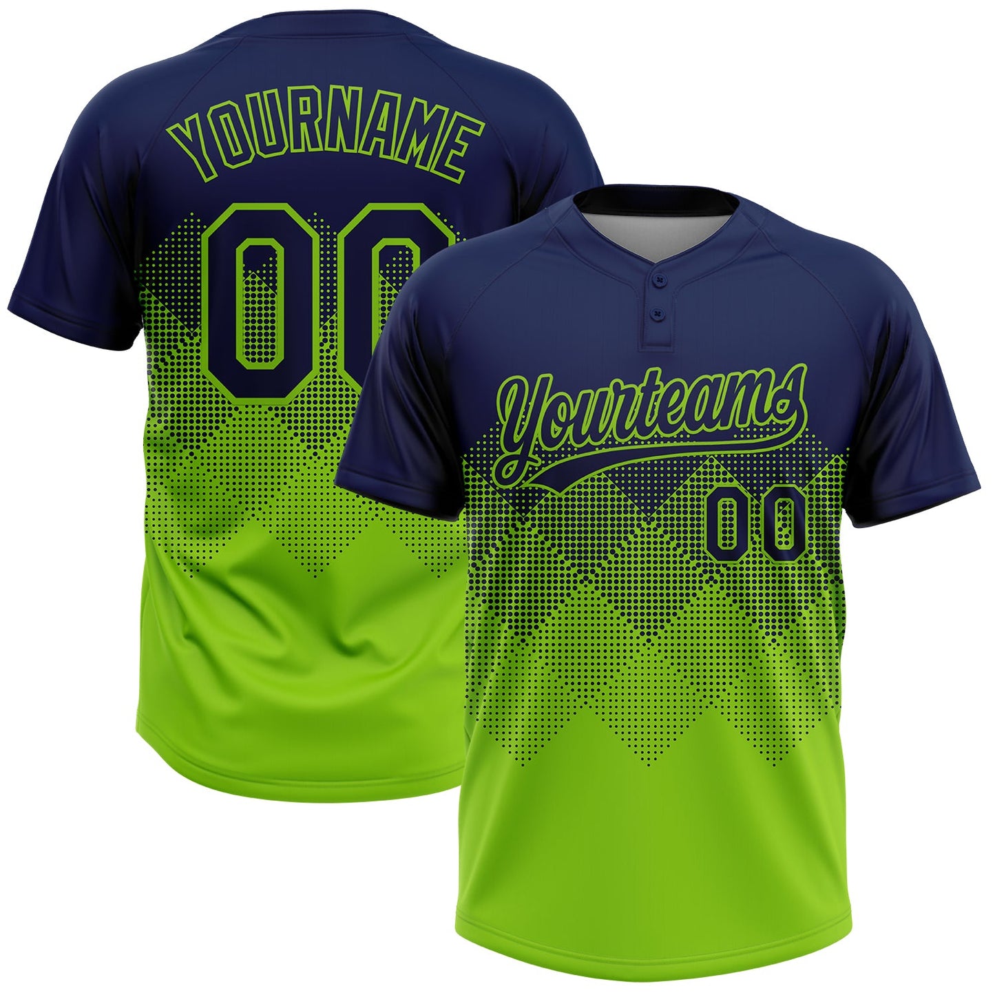 Custom Navy Neon Green 3D Gradient Square Shape Two-Button Unisex Softball Jersey - Main View