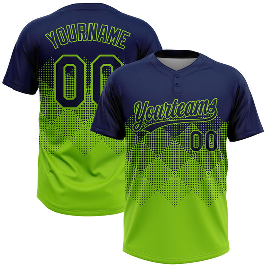 Custom Navy Neon Green 3D Gradient Square Shape Two-Button Unisex Softball Jersey - Main View
