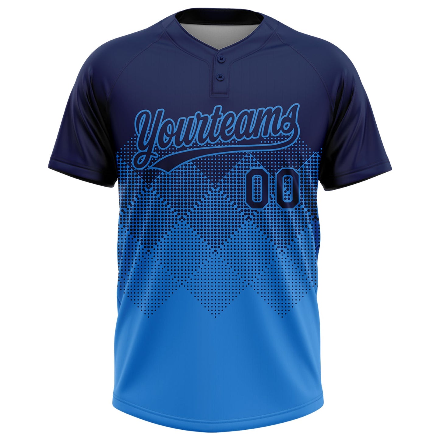 Custom Navy Electric Blue 3D Gradient Square Shape Two-Button Unisex Softball Jersey view 2