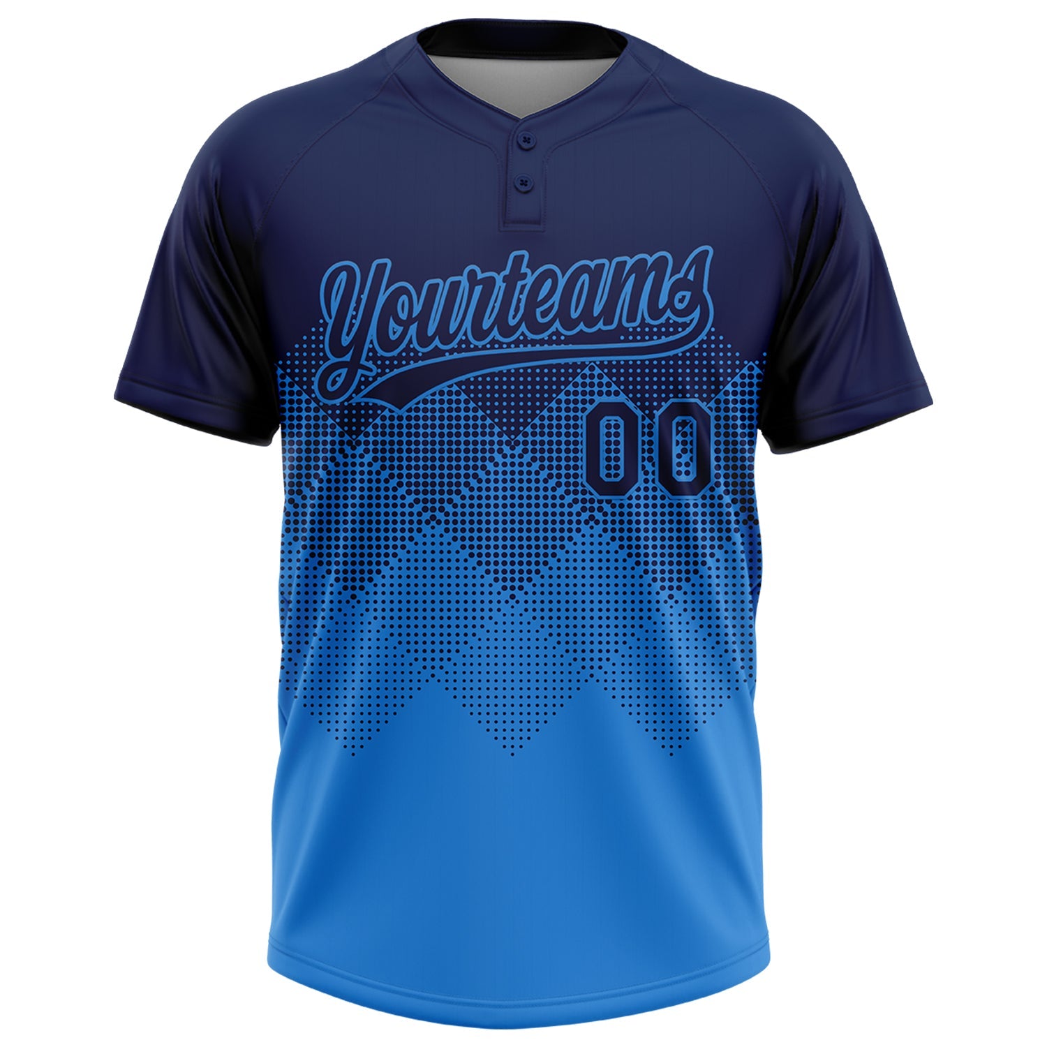 Custom Navy Electric Blue 3D Gradient Square Shape Two-Button Unisex Softball Jersey view 2