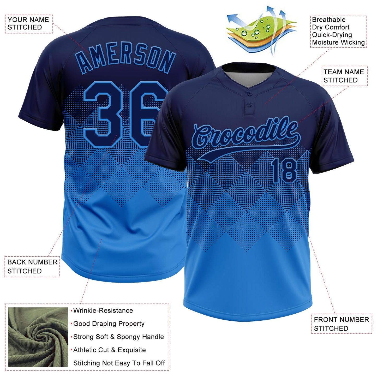 Custom Navy Electric Blue 3D Gradient Square Shape Two-Button Unisex Softball Jersey view 3