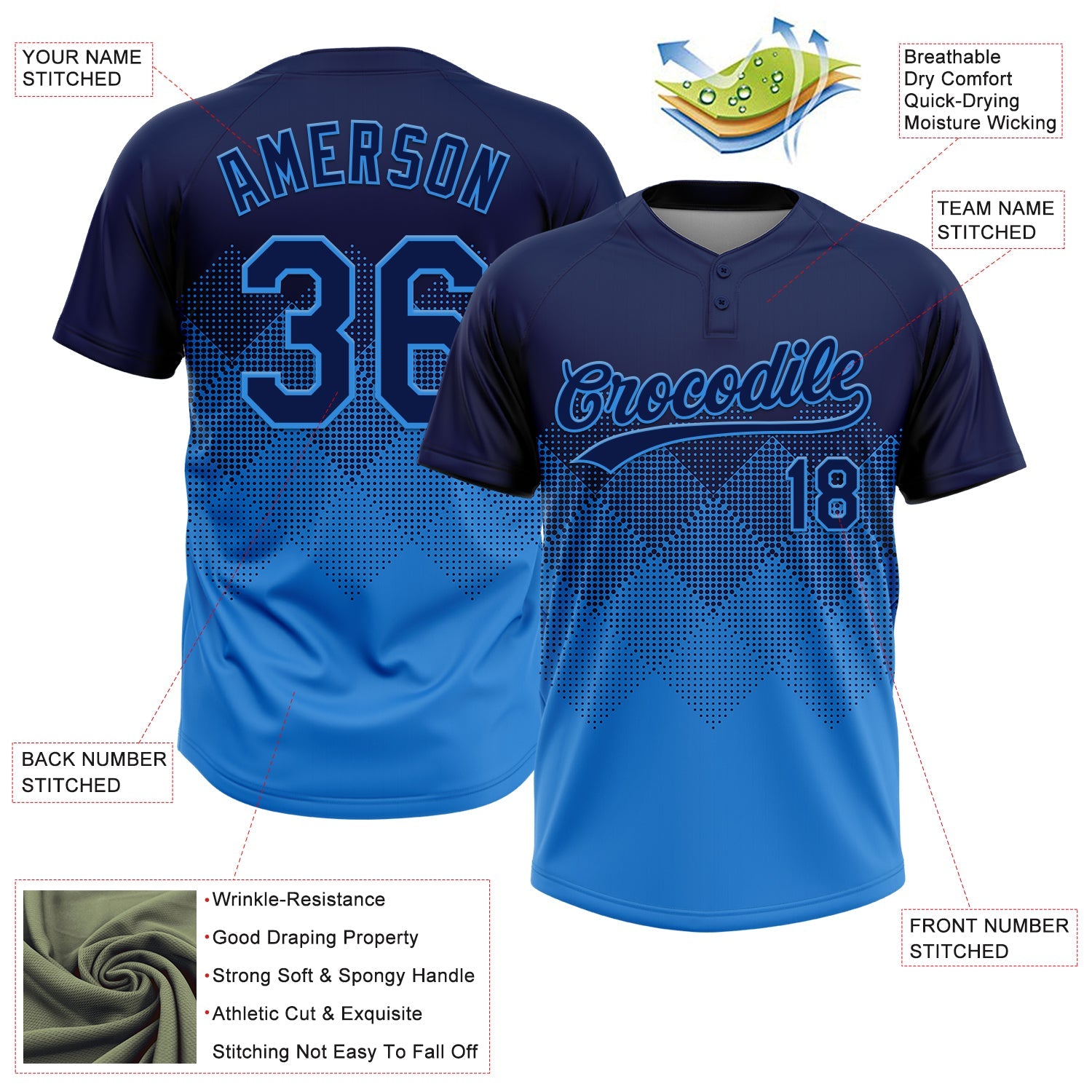 Custom Navy Electric Blue 3D Gradient Square Shape Two-Button Unisex Softball Jersey view 3