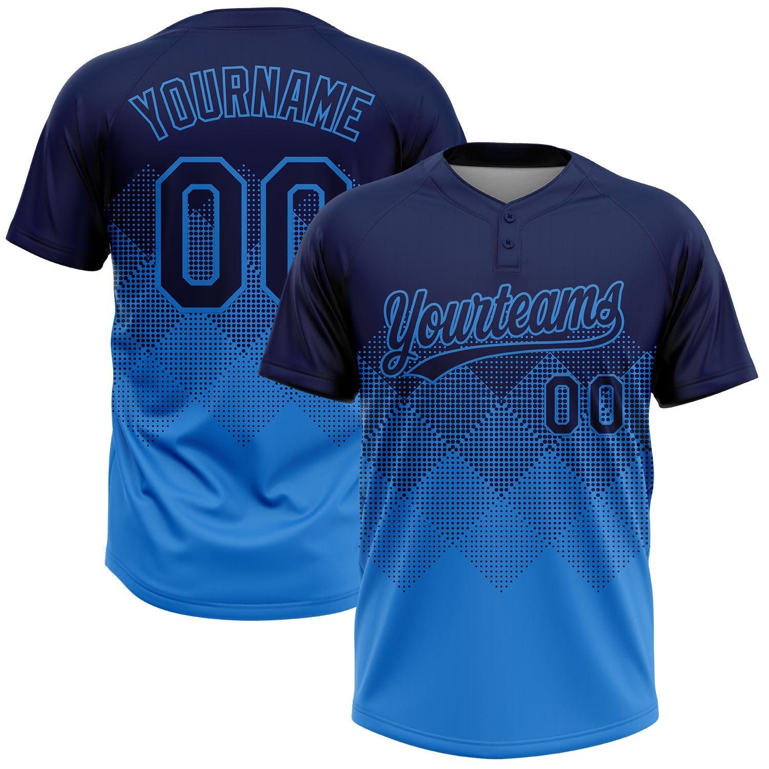 Custom Navy Electric Blue 3D Gradient Square Shape Two-Button Unisex Softball Jersey - Main View
