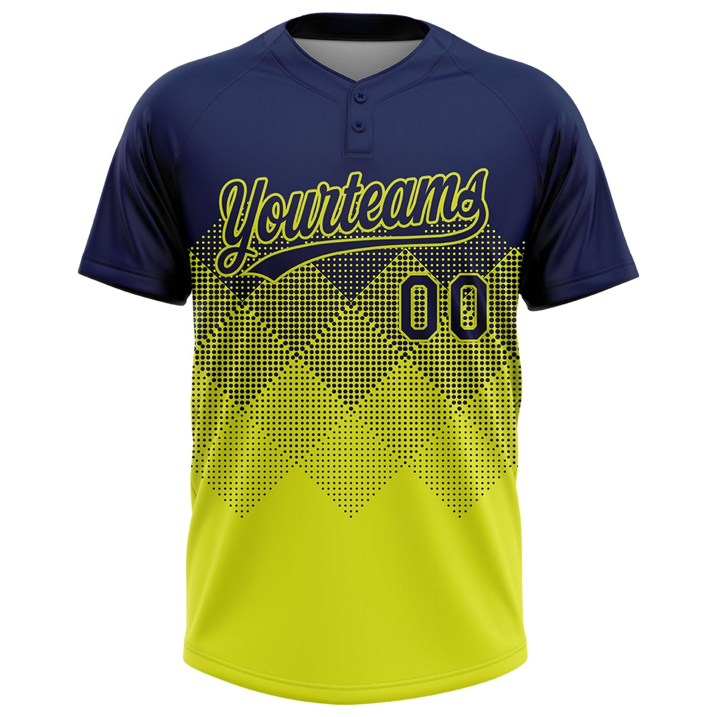 Custom Navy Neon Yellow 3D Gradient Square Shape Two-Button Unisex Softball Jersey view 2