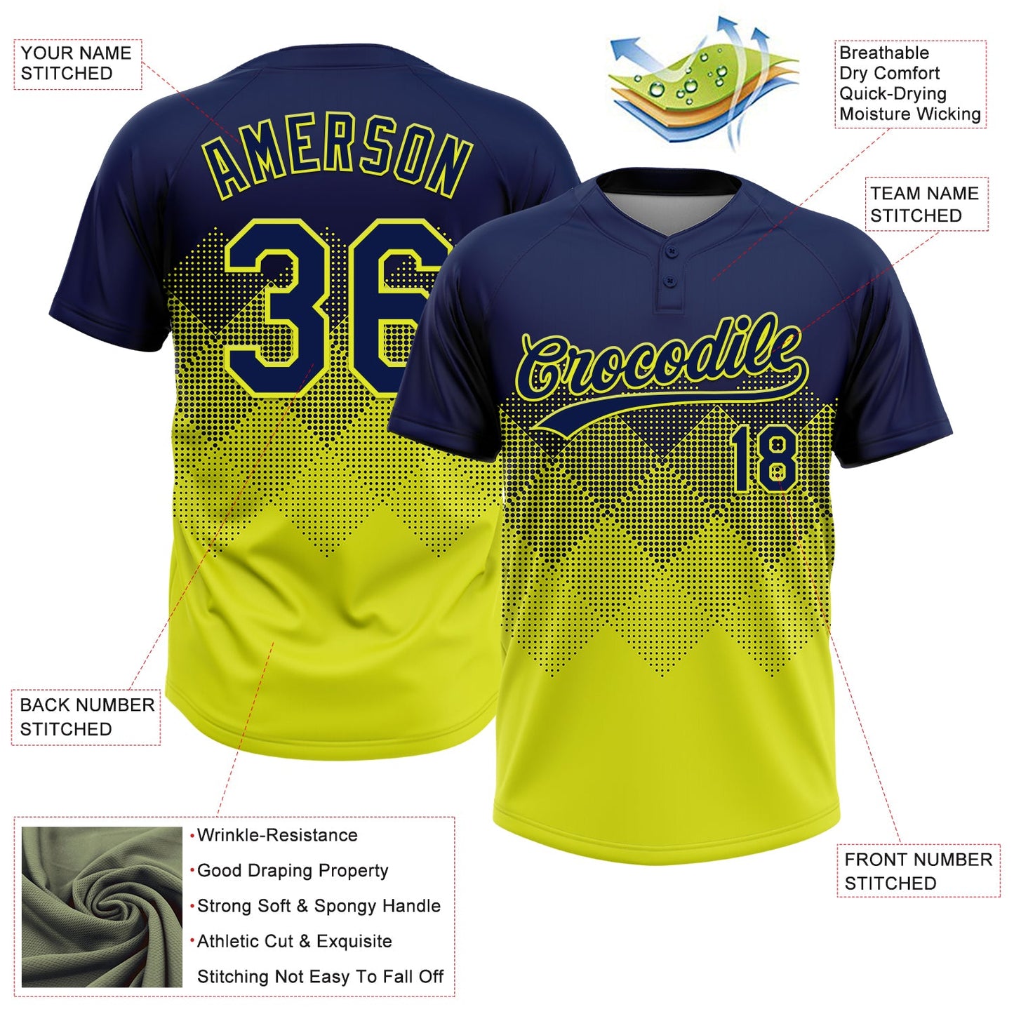 Custom Navy Neon Yellow 3D Gradient Square Shape Two-Button Unisex Softball Jersey view 3