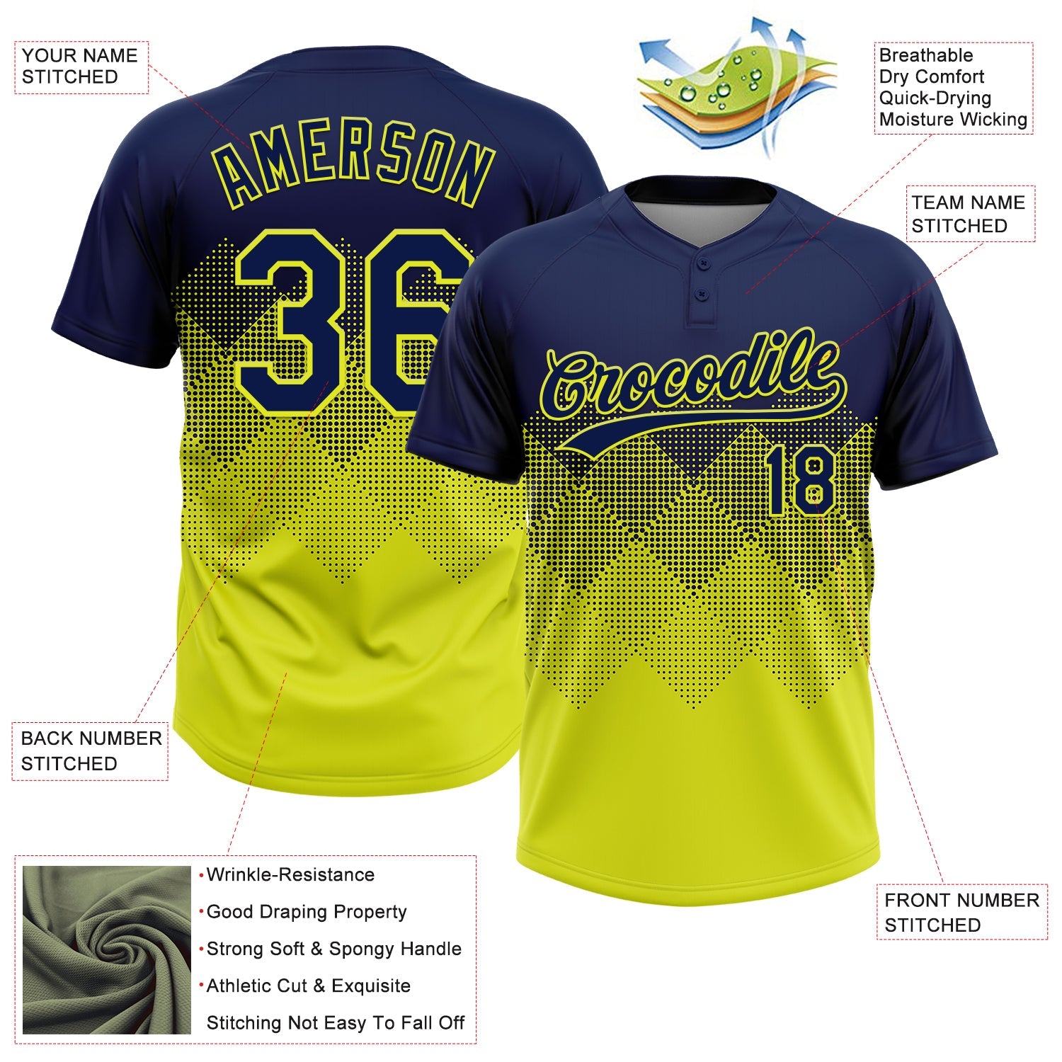 Custom Navy Neon Yellow 3D Gradient Square Shape Two-Button Unisex Softball Jersey view 3