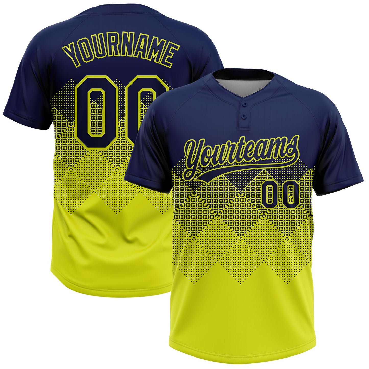 Custom Navy Neon Yellow 3D Gradient Square Shape Two-Button Unisex Softball Jersey - Main View