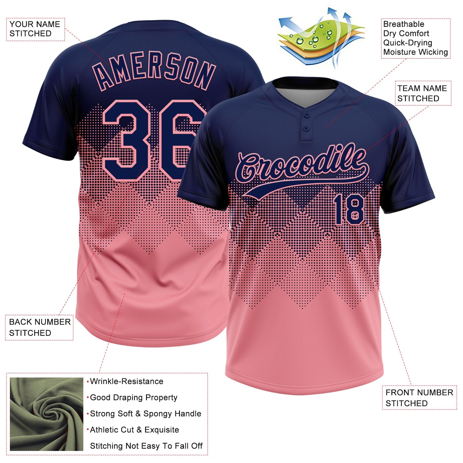 Custom Navy Medium Pink 3D Gradient Square Shape Two-Button Unisex Softball Jersey view 3