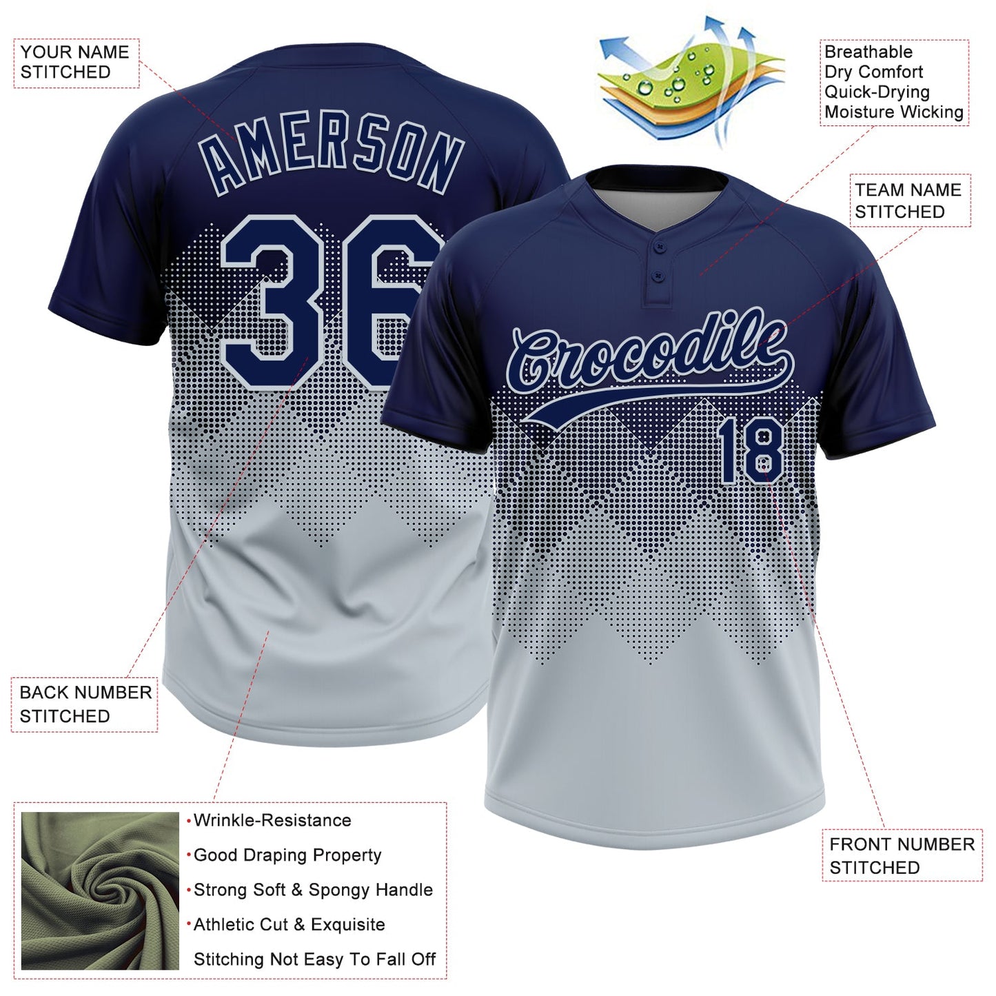 Custom Navy Silver 3D Gradient Square Shape Two-Button Unisex Softball Jersey view 3
