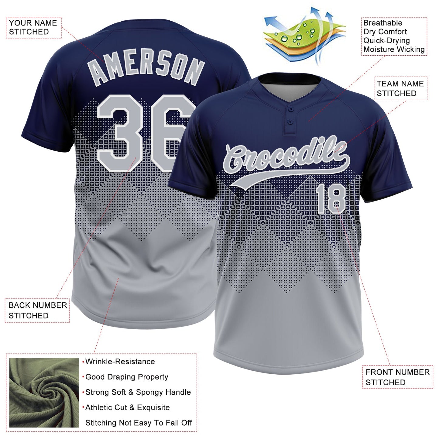 Custom Navy Gray-White 3D Gradient Square Shape Two-Button Unisex Softball Jersey view 3