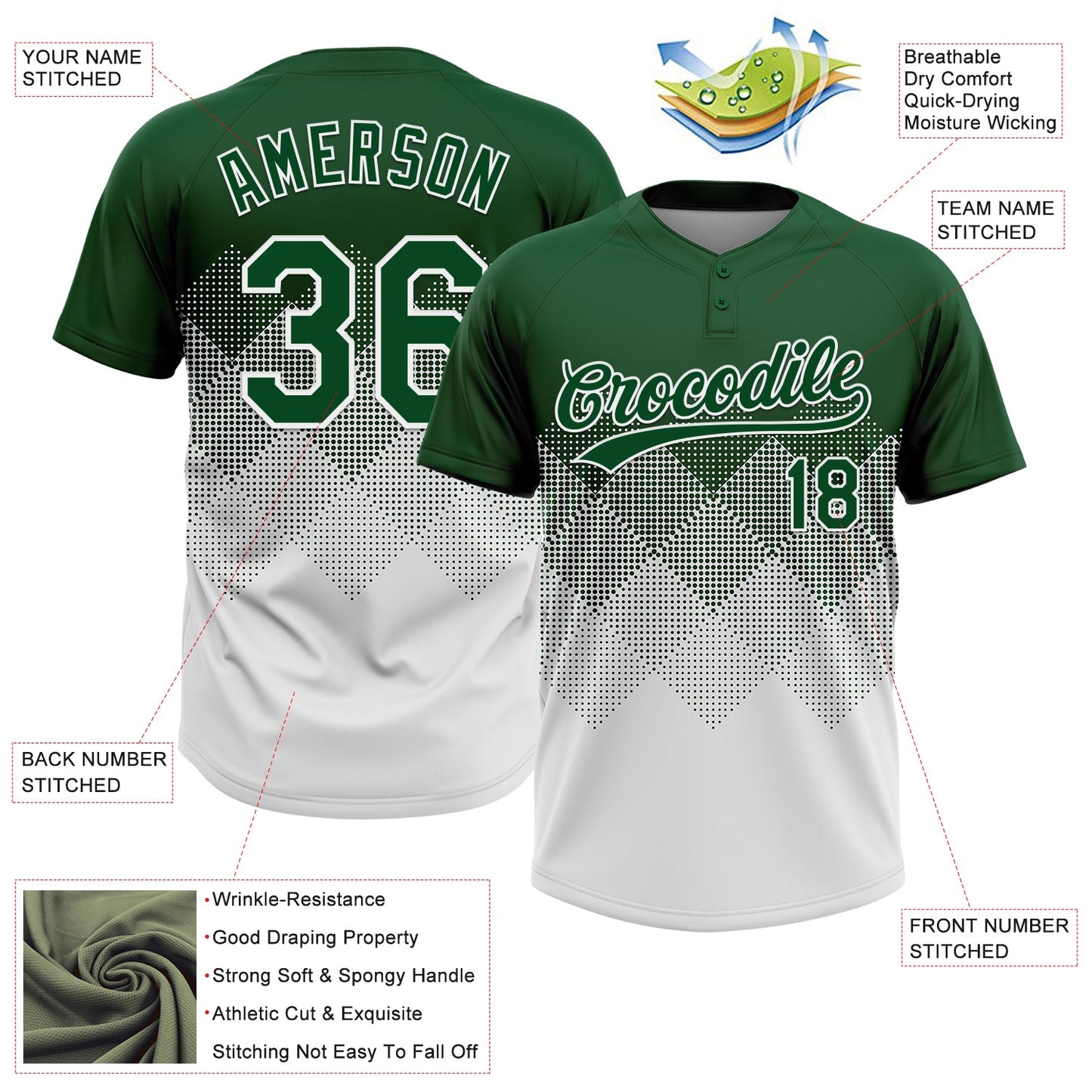 Custom Green White 3D Gradient Square Shape Two-Button Unisex Softball Jersey view 3