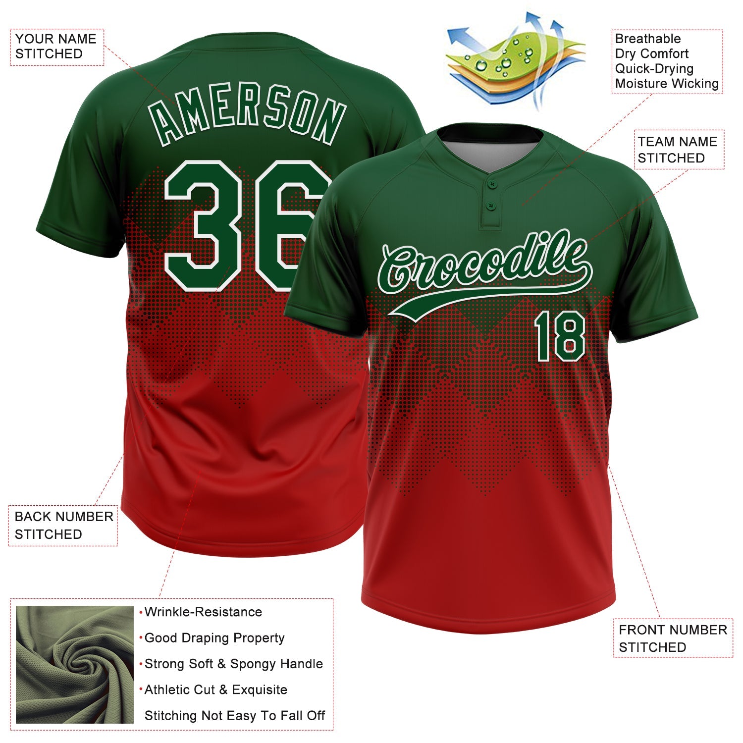 Custom Green Red-White 3D Gradient Square Shape Two-Button Unisex Softball Jersey view 3