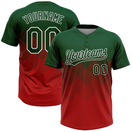 Custom Green Red-White 3D Gradient Square Shape Two-Button Unisex Softball Jersey - Main View