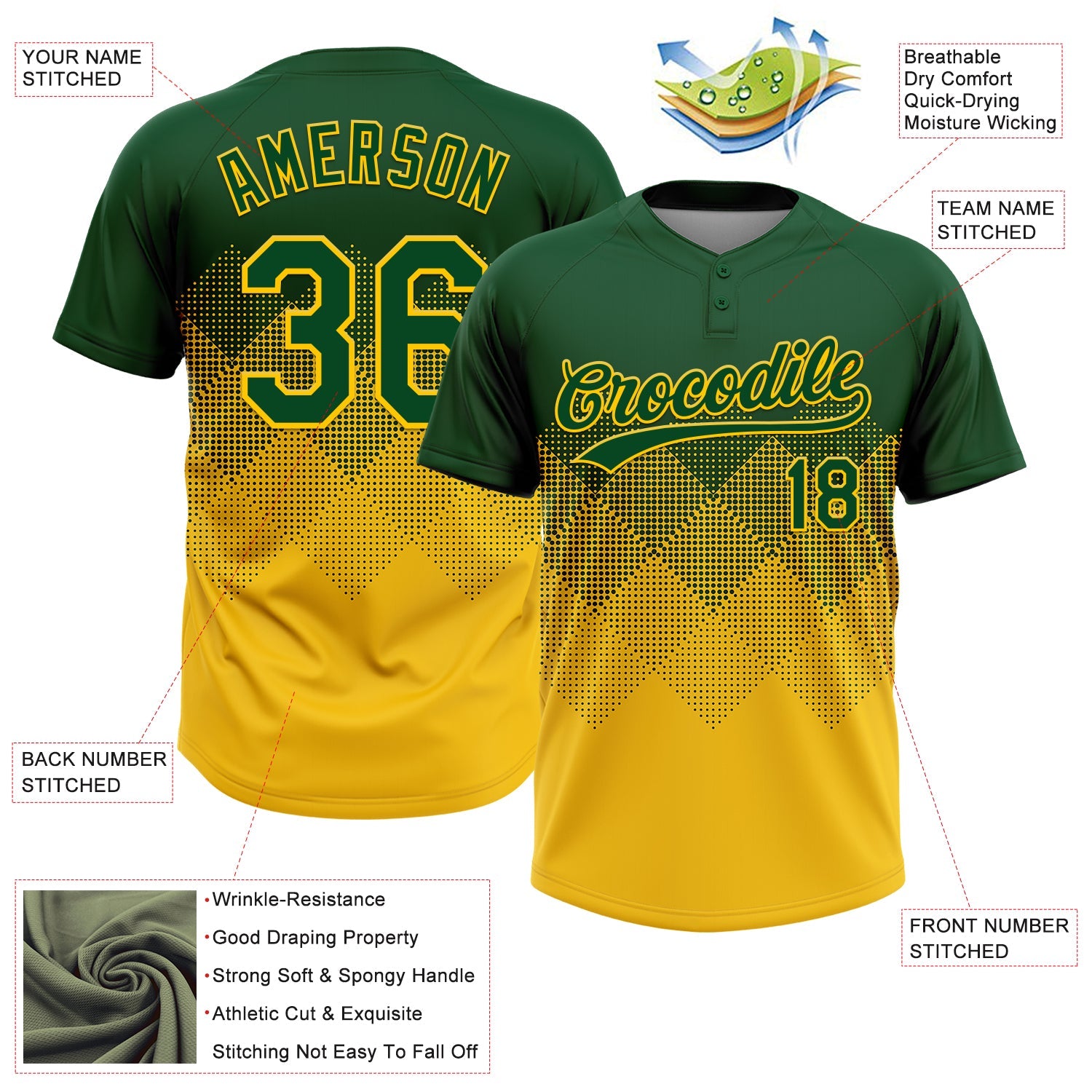 Custom Green Yellow 3D Gradient Square Shape Two-Button Unisex Softball Jersey view 3