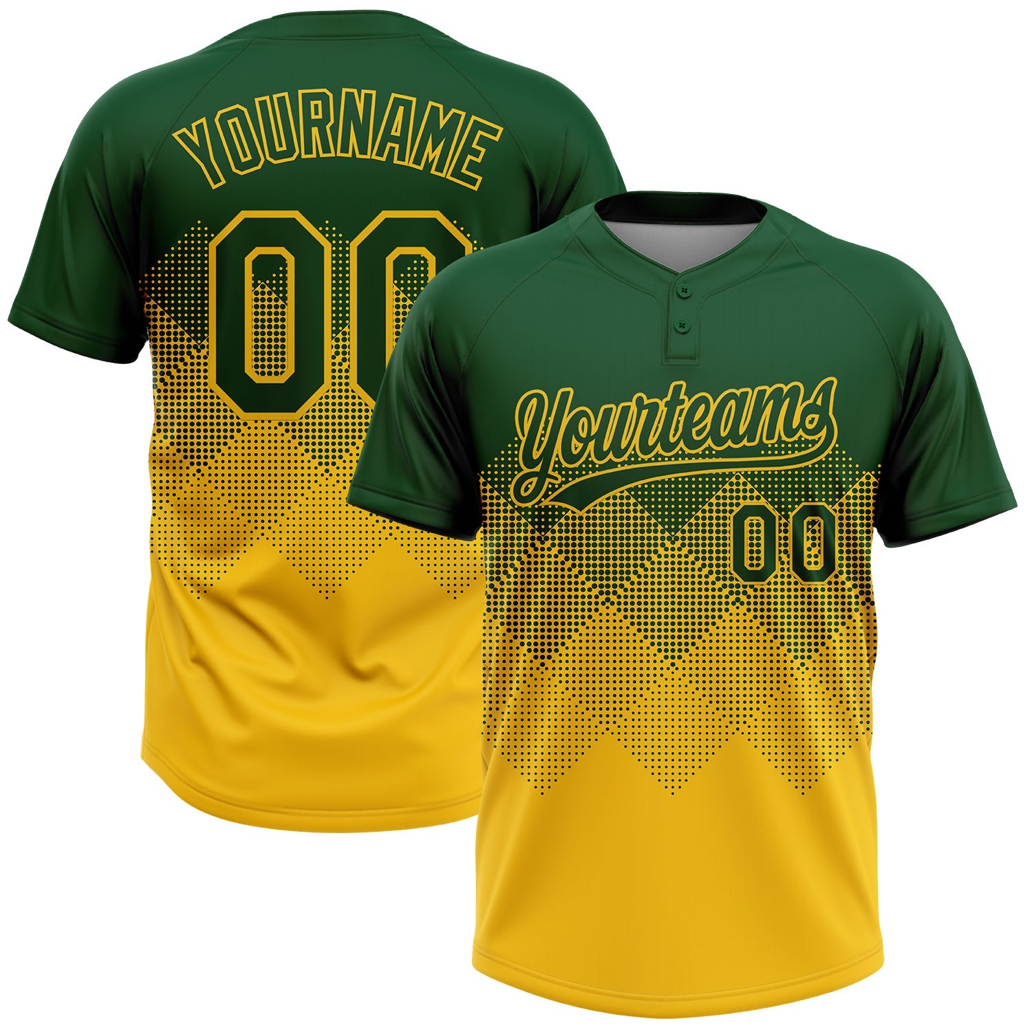 Custom Green Yellow 3D Gradient Square Shape Two-Button Unisex Softball Jersey - Main View