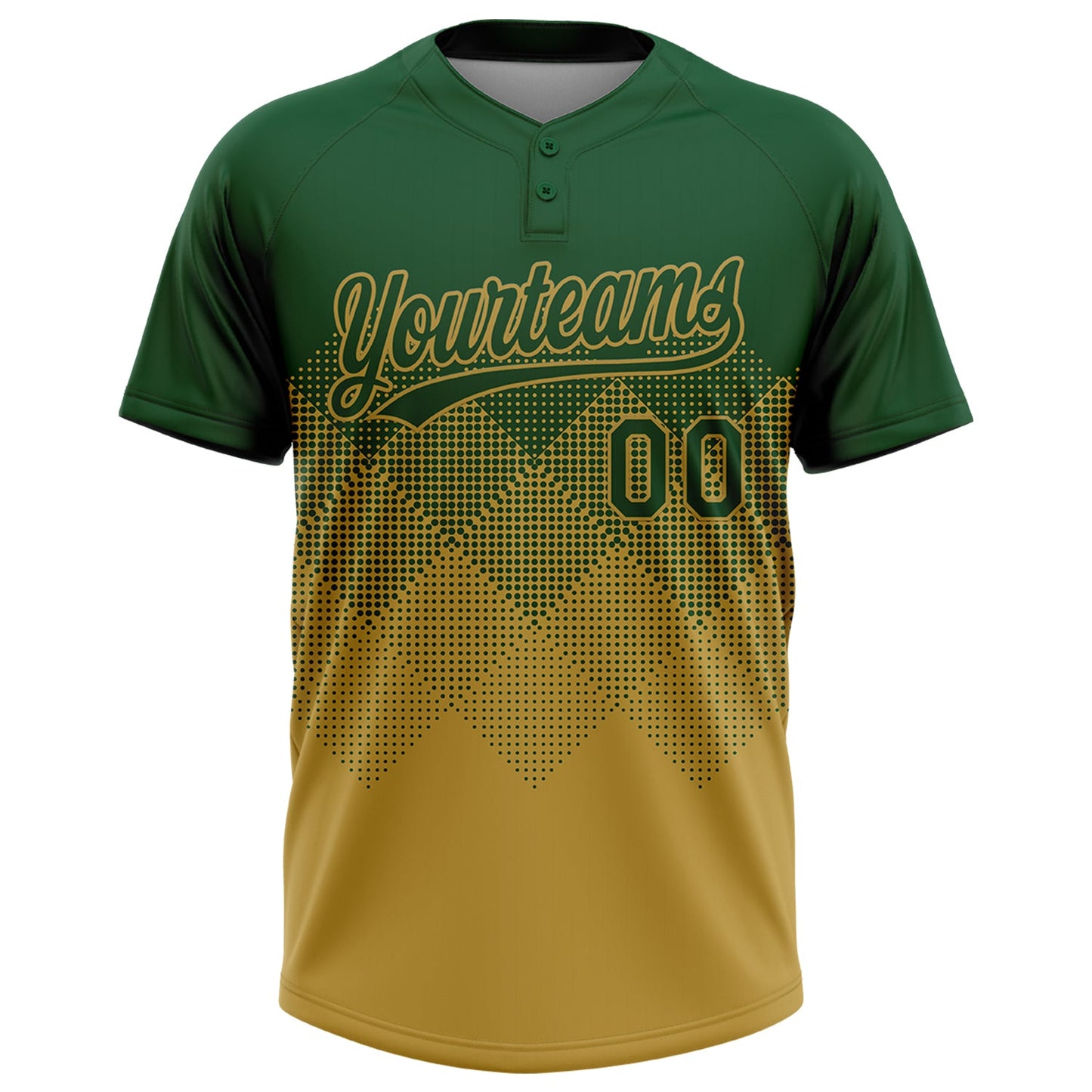 Custom Green Old Gold 3D Gradient Square Shape Two-Button Unisex Softball Jersey view 2