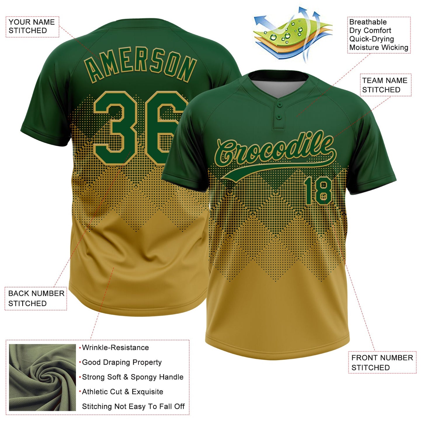 Custom Green Old Gold 3D Gradient Square Shape Two-Button Unisex Softball Jersey view 3