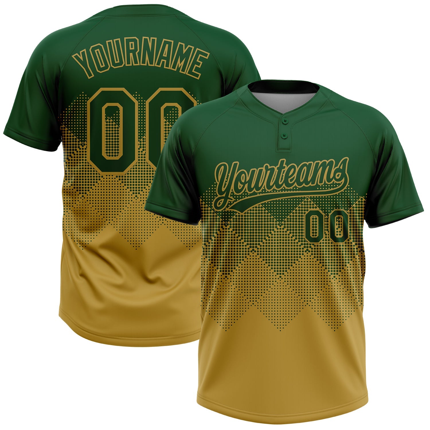 Custom Green Old Gold 3D Gradient Square Shape Two-Button Unisex Softball Jersey - Main View
