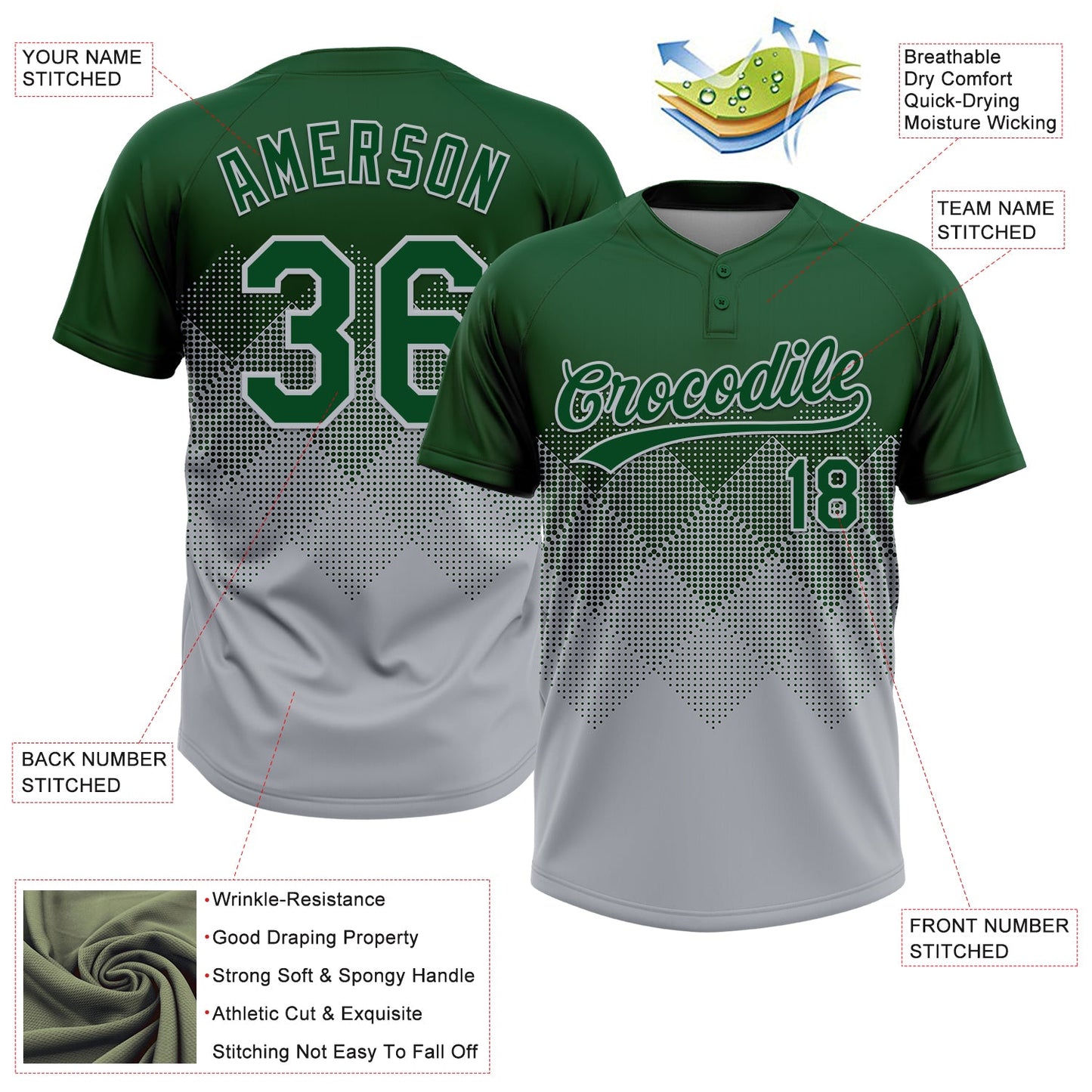 Custom Green Gray 3D Gradient Square Shape Two-Button Unisex Softball Jersey view 3