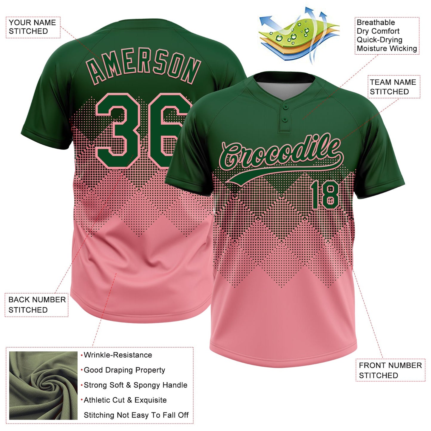 Custom Green Medium Pink 3D Gradient Square Shape Two-Button Unisex Softball Jersey view 3