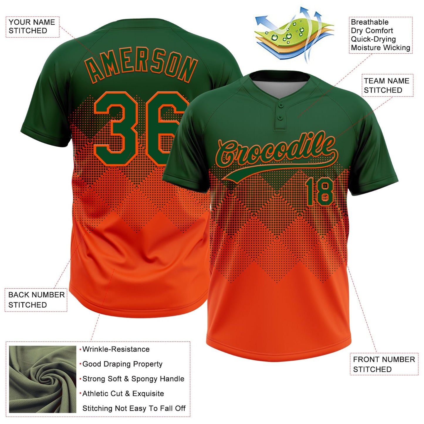 Custom Green Orange 3D Gradient Square Shape Two-Button Unisex Softball Jersey view 3