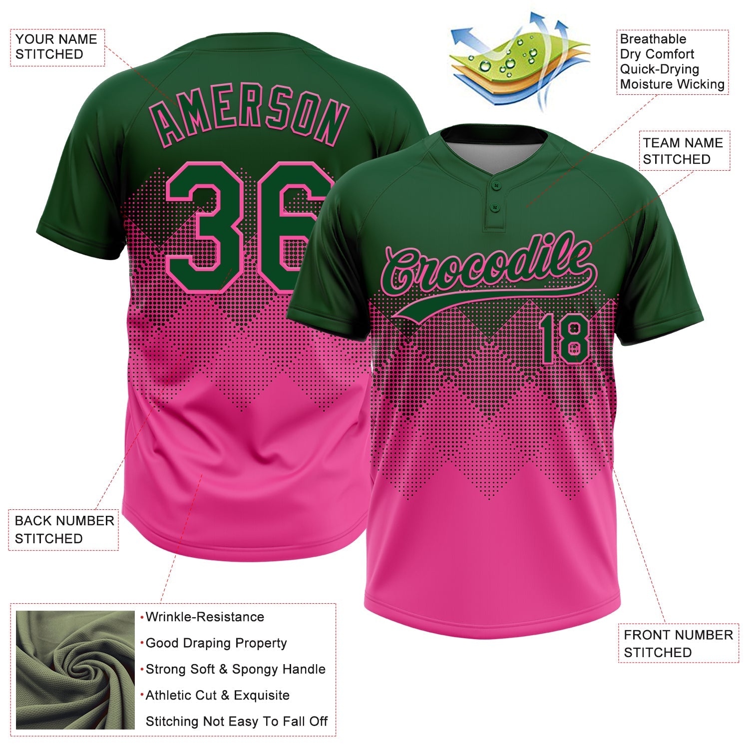Custom Green Pink 3D Gradient Square Shape Two-Button Unisex Softball Jersey view 3