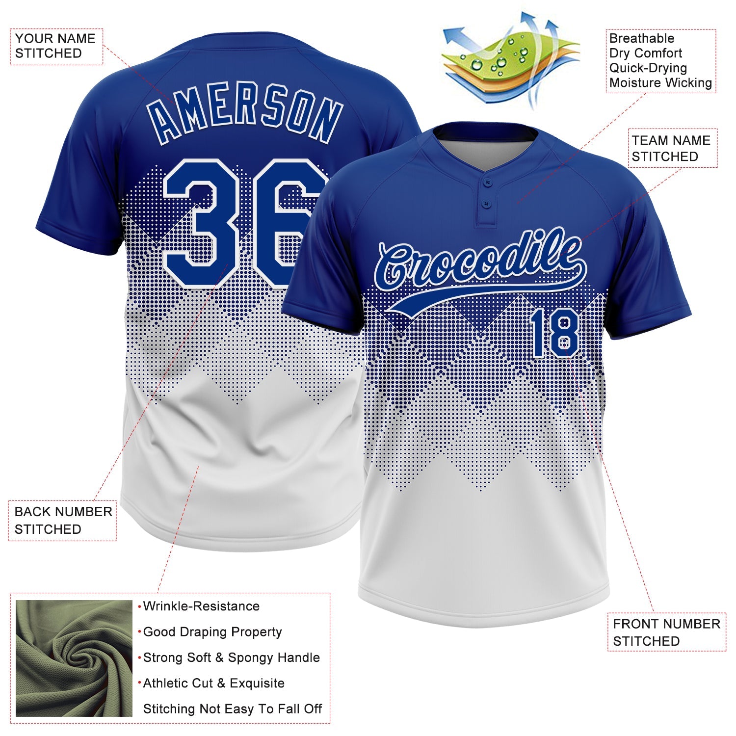 Custom Royal White 3D Gradient Square Shape Two-Button Unisex Softball Jersey view 3
