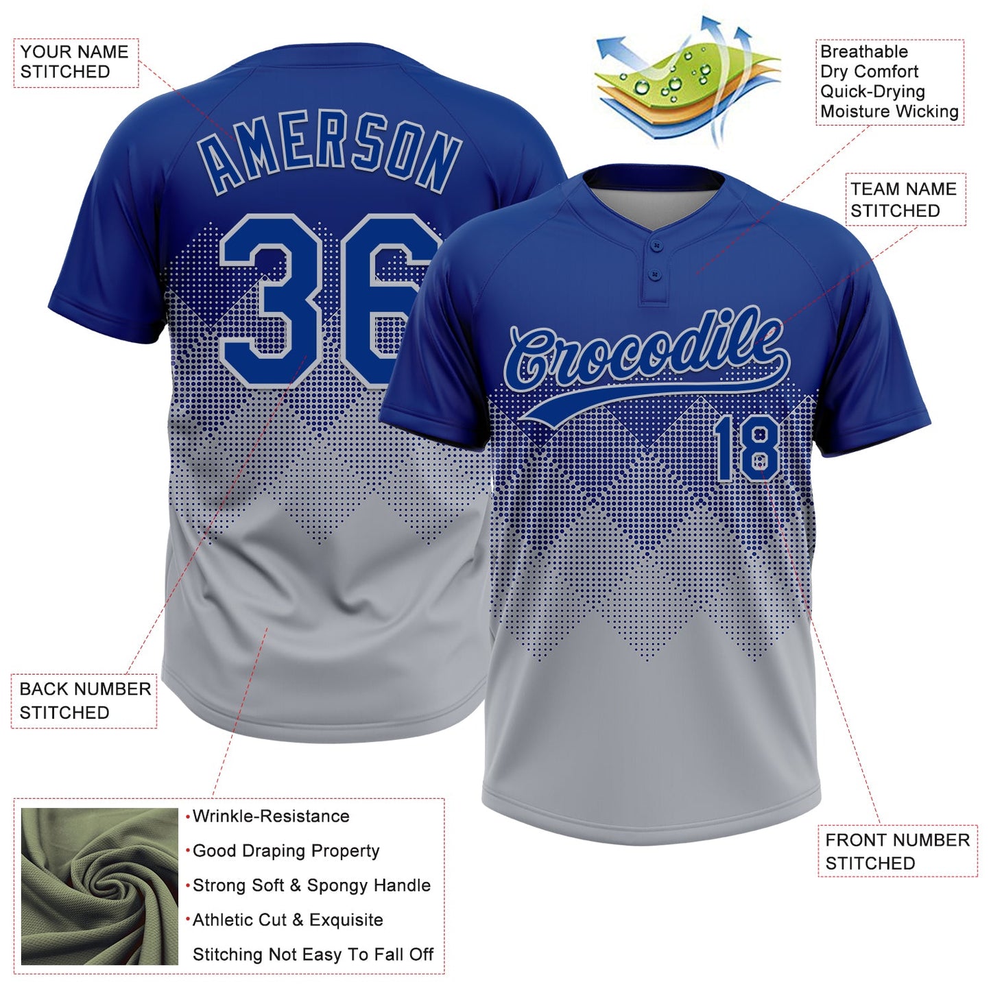 Custom Royal Gray 3D Gradient Square Shape Two-Button Unisex Softball Jersey view 3
