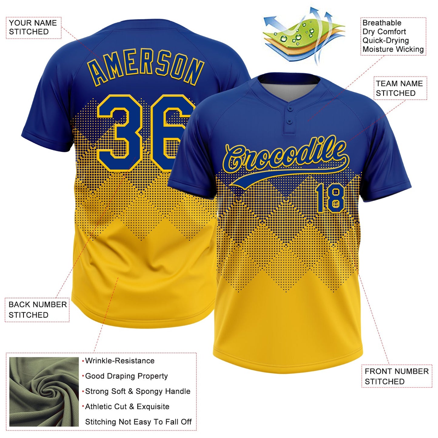 Custom Royal Yellow 3D Gradient Square Shape Two-Button Unisex Softball Jersey view 3