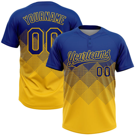 Custom Royal Yellow 3D Gradient Square Shape Two-Button Unisex Softball Jersey - Main View