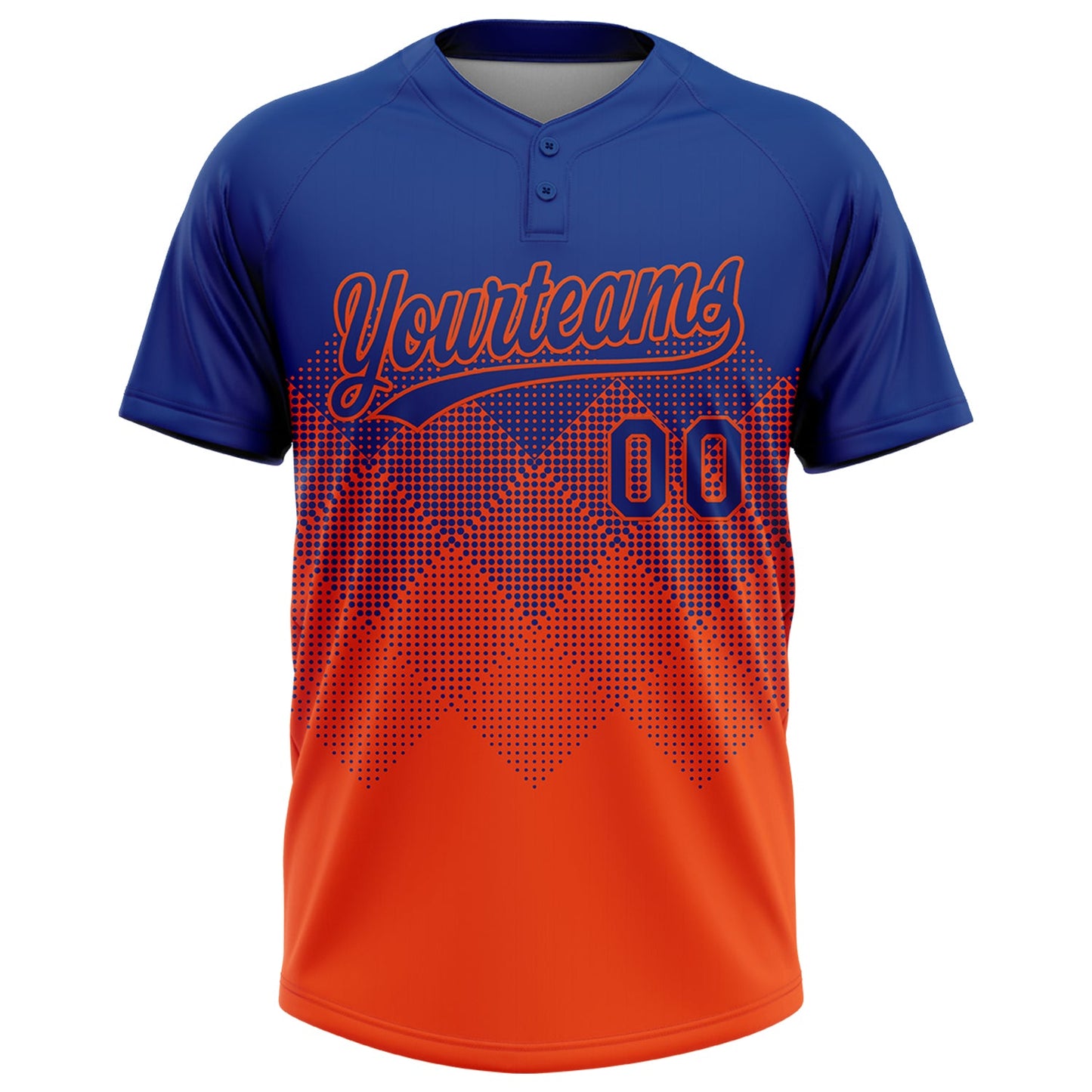 Custom Royal Orange 3D Gradient Square Shape Two-Button Unisex Softball Jersey view 2