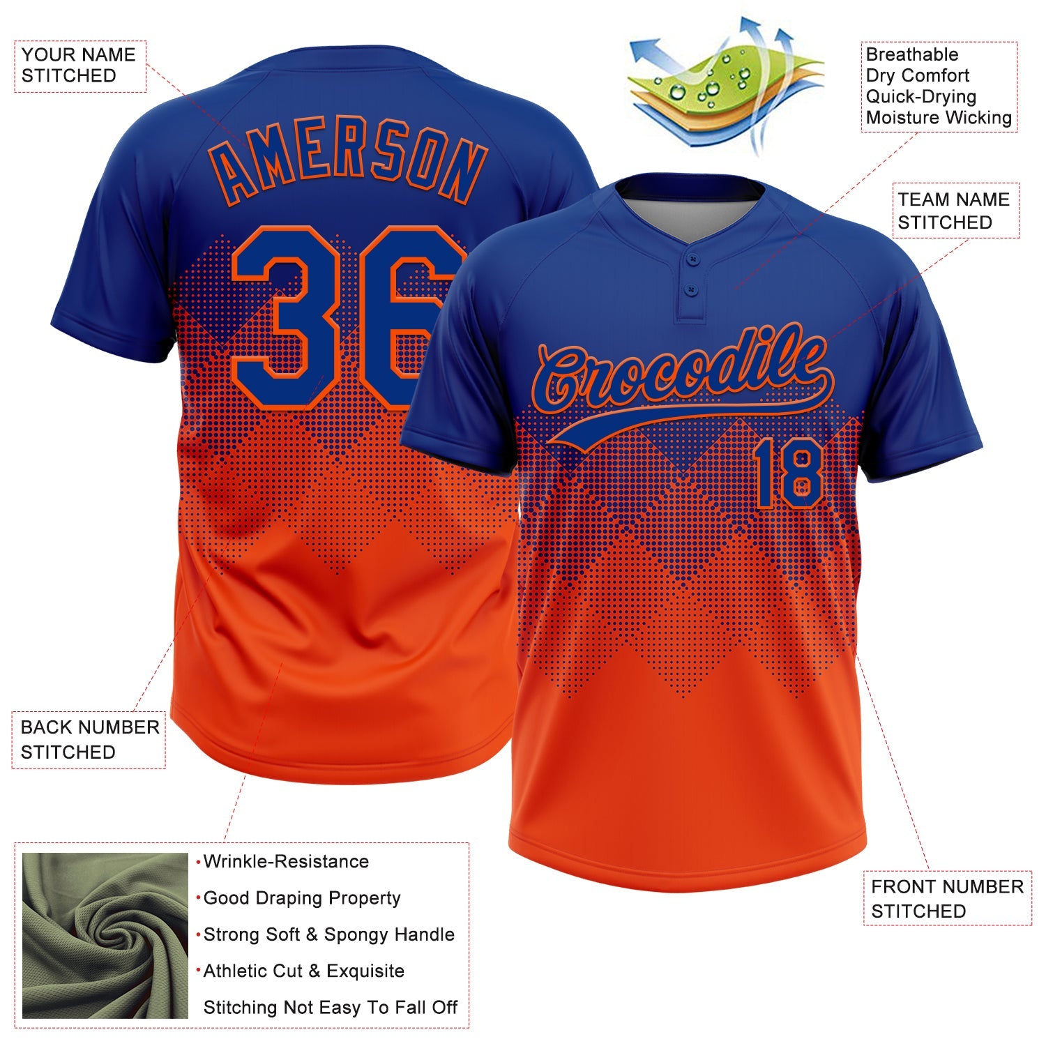 Custom Royal Orange 3D Gradient Square Shape Two-Button Unisex Softball Jersey view 3