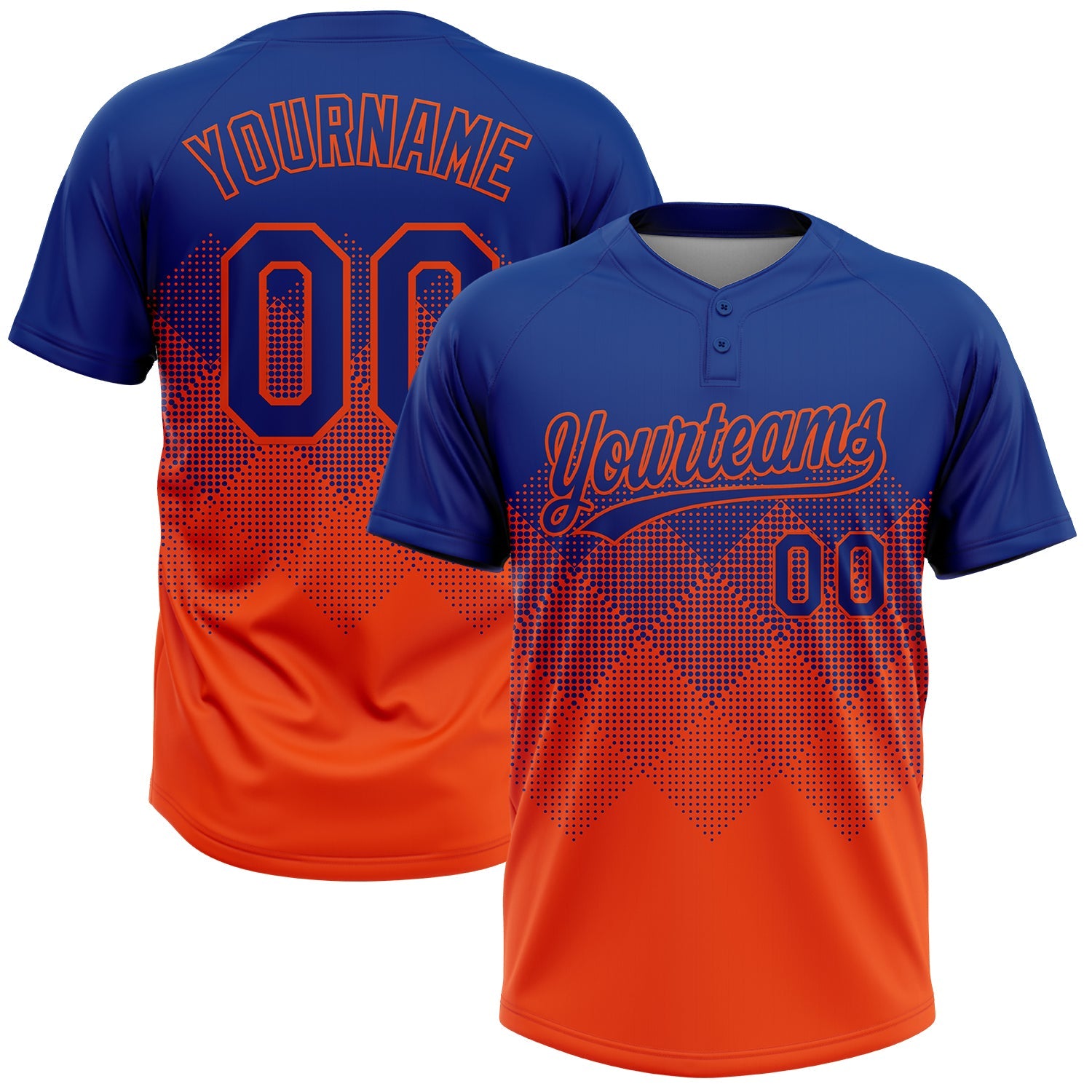 Custom Royal Orange 3D Gradient Square Shape Two-Button Unisex Softball Jersey - Main View