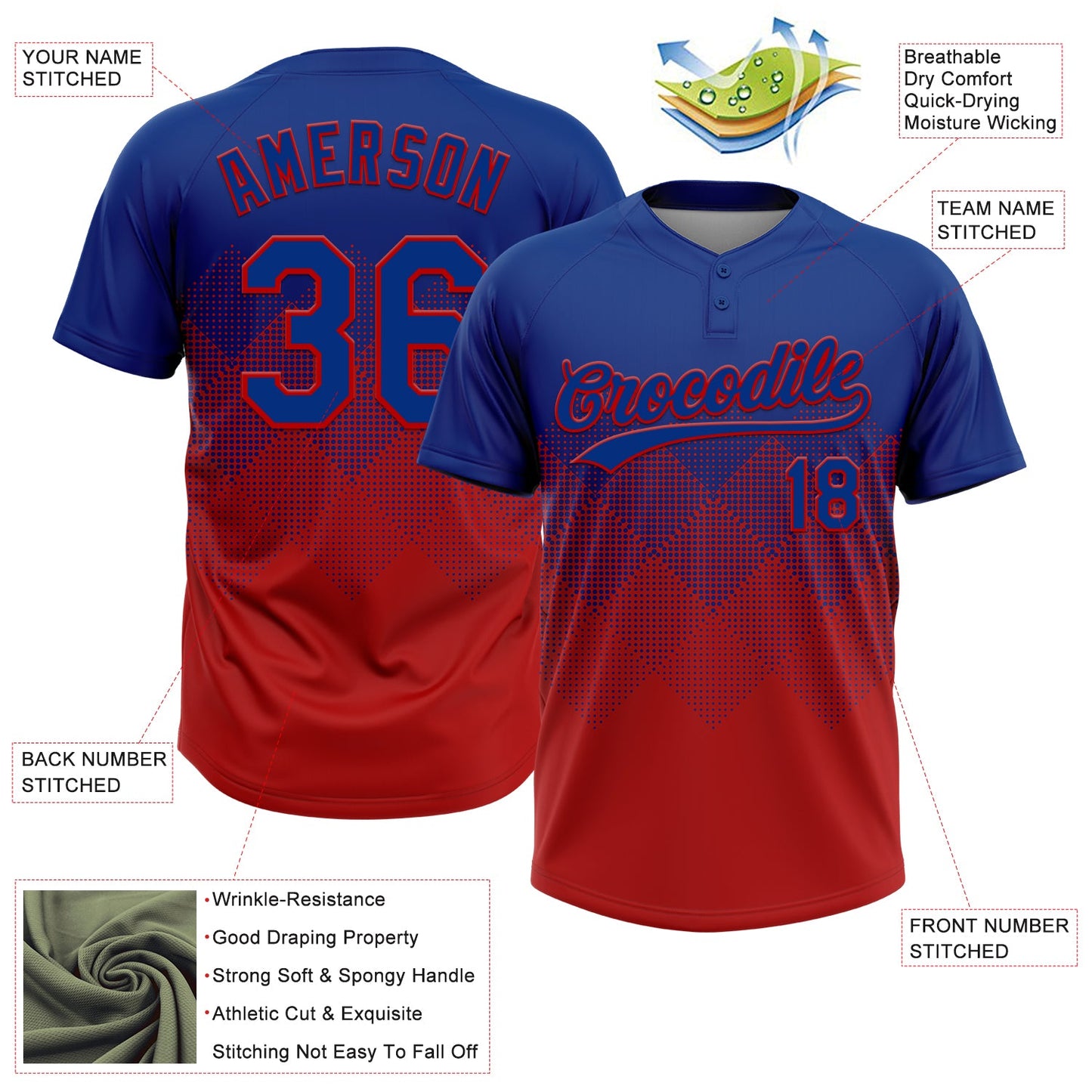 Custom Royal Red 3D Gradient Square Shape Two-Button Unisex Softball Jersey view 3