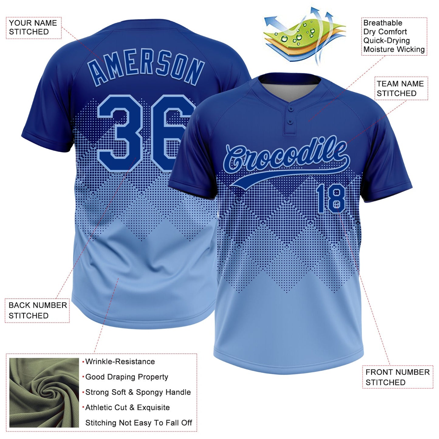 Custom Royal Light Blue 3D Gradient Square Shape Two-Button Unisex Softball Jersey view 3