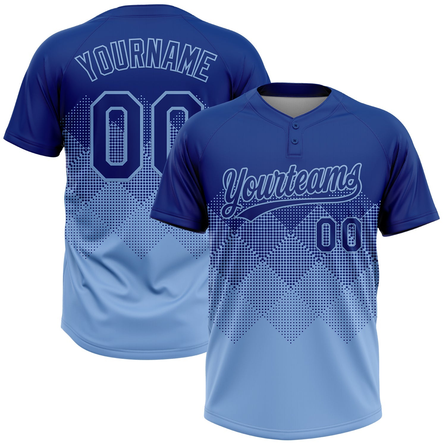 Custom Royal Light Blue 3D Gradient Square Shape Two-Button Unisex Softball Jersey - Main View