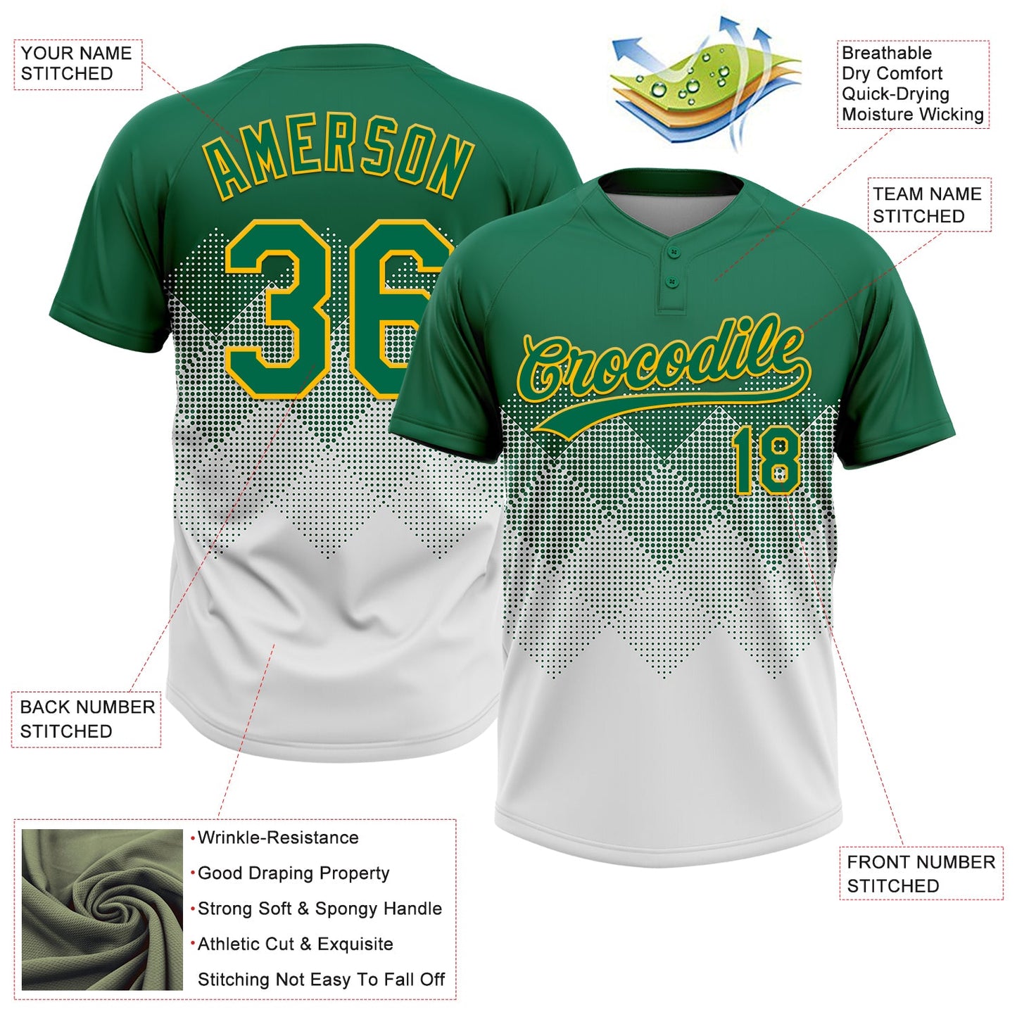 Custom Kelly Green White-Gold 3D Gradient Square Shape Two-Button Unisex Softball Jersey view 3