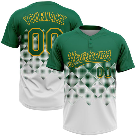 Custom Kelly Green White-Gold 3D Gradient Square Shape Two-Button Unisex Softball Jersey - Main View