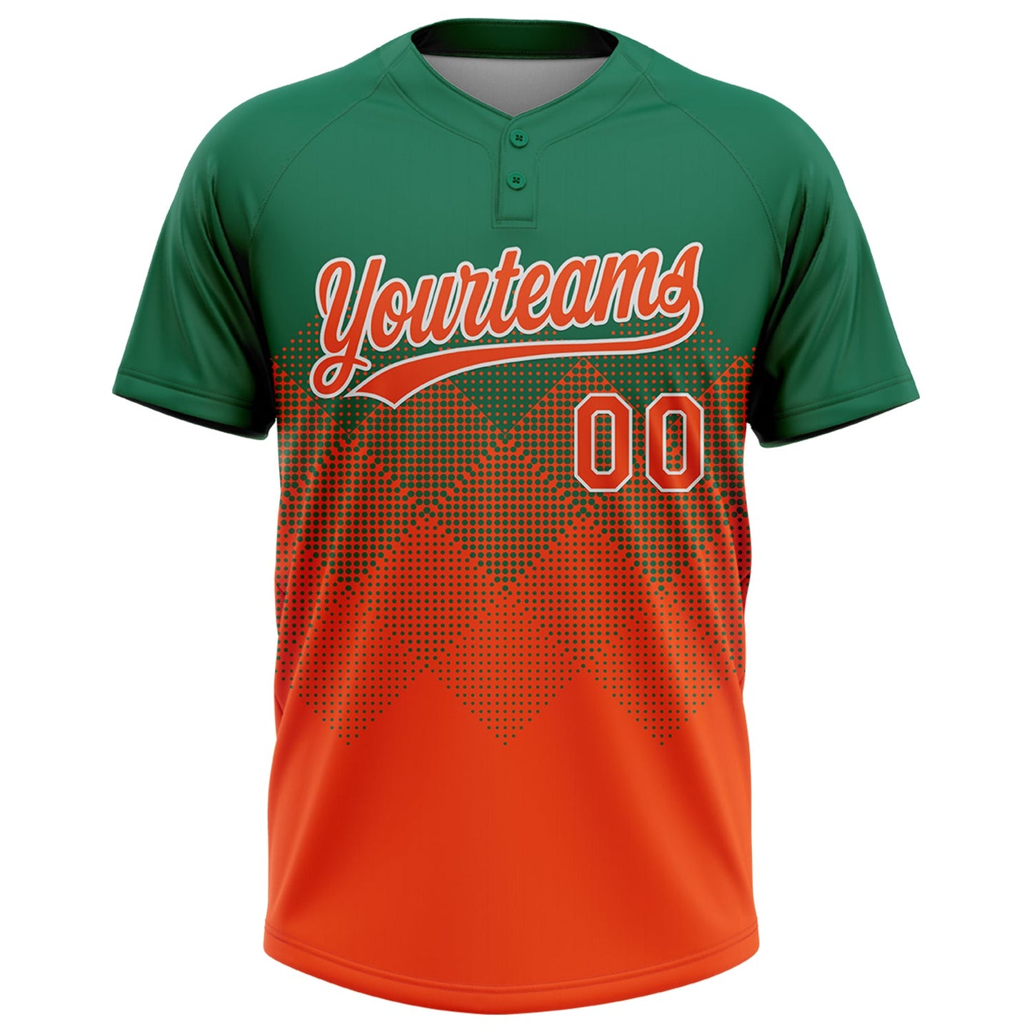 Custom Kelly Green Orange-White 3D Gradient Square Shape Two-Button Unisex Softball Jersey view 2