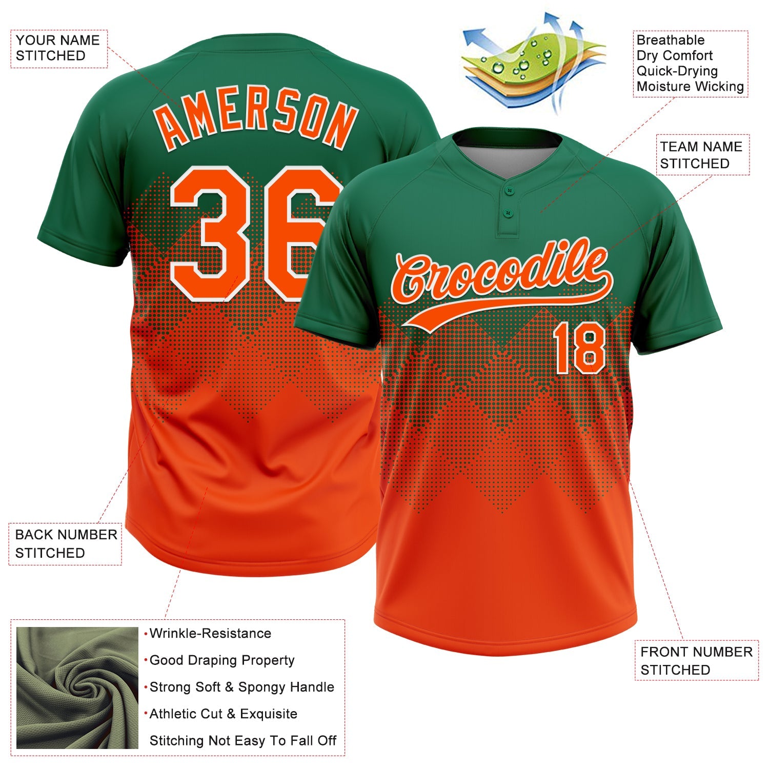 Custom Kelly Green Orange-White 3D Gradient Square Shape Two-Button Unisex Softball Jersey view 3