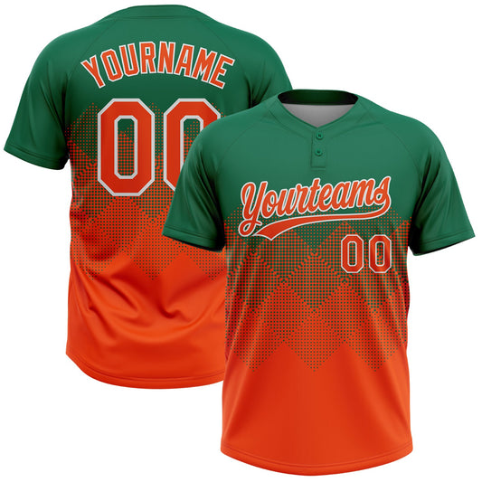 Custom Kelly Green Orange-White 3D Gradient Square Shape Two-Button Unisex Softball Jersey - Main View