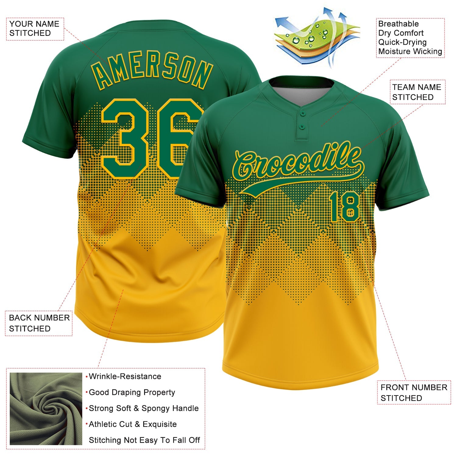 Custom Kelly Green Gold 3D Gradient Square Shape Two-Button Unisex Softball Jersey view 3