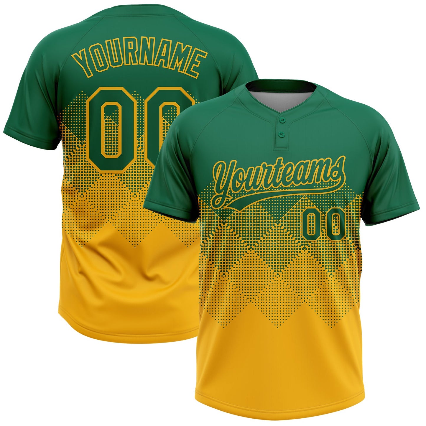 Custom Kelly Green Gold 3D Gradient Square Shape Two-Button Unisex Softball Jersey - Main View