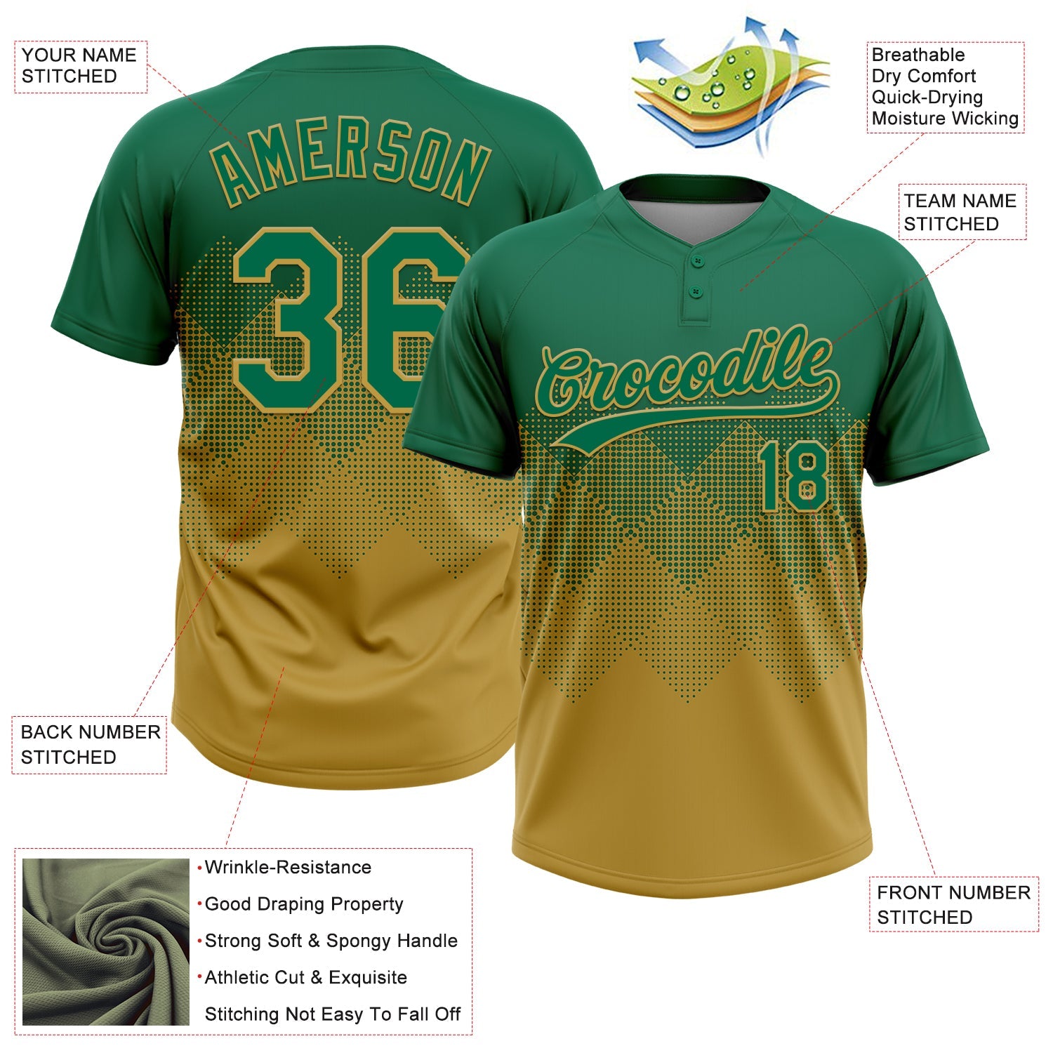 Custom Kelly Green Old Gold 3D Gradient Square Shape Two-Button Unisex Softball Jersey view 3