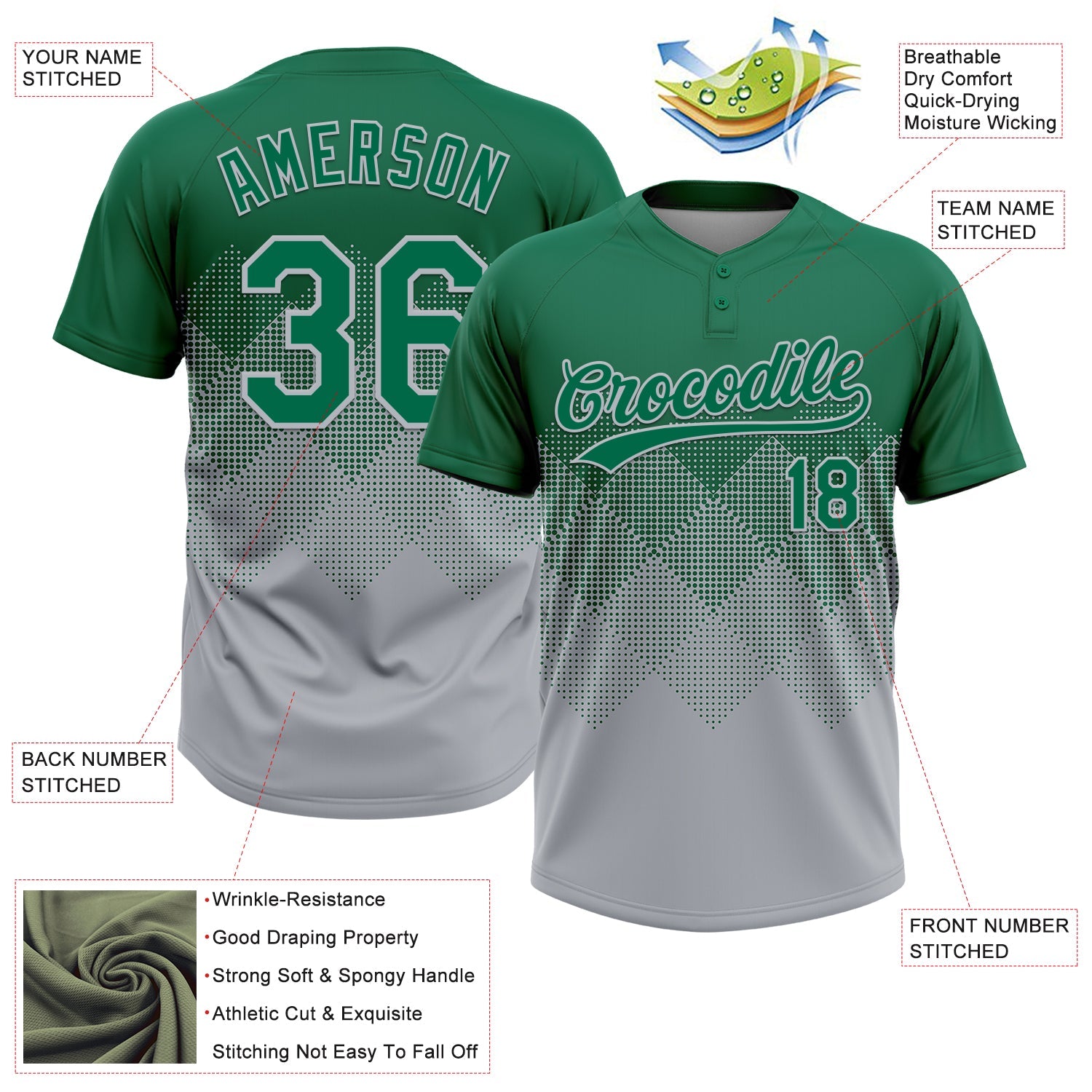 Custom Kelly Green Gray 3D Gradient Square Shape Two-Button Unisex Softball Jersey view 3