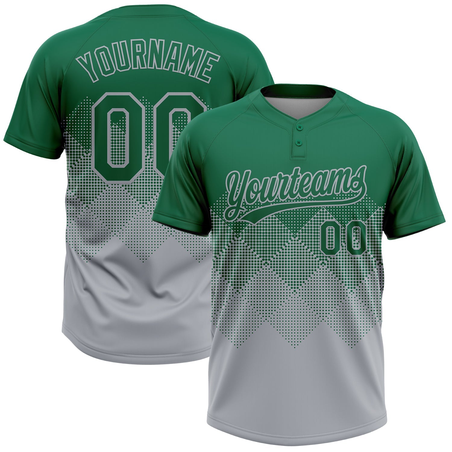 Custom Kelly Green Gray 3D Gradient Square Shape Two-Button Unisex Softball Jersey - Main View