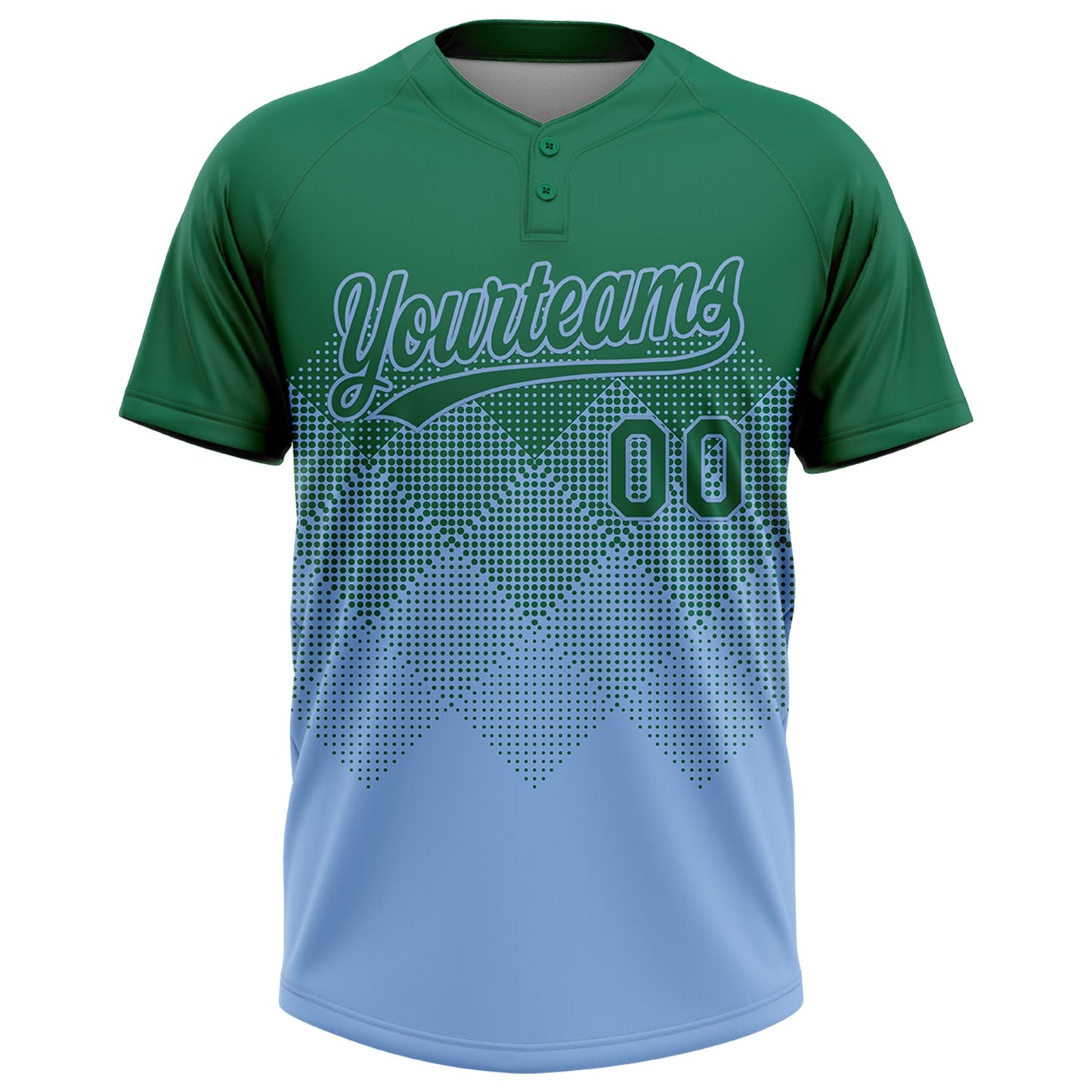 Custom Kelly Green Light Blue 3D Gradient Square Shape Two-Button Unisex Softball Jersey view 2