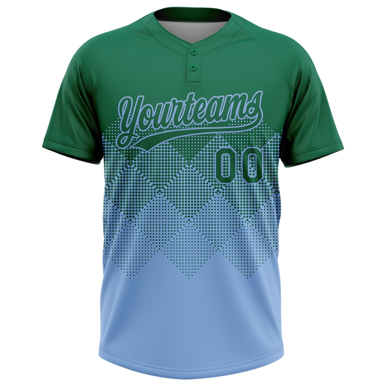 Custom Kelly Green Light Blue 3D Gradient Square Shape Two-Button Unisex Softball Jersey view 2