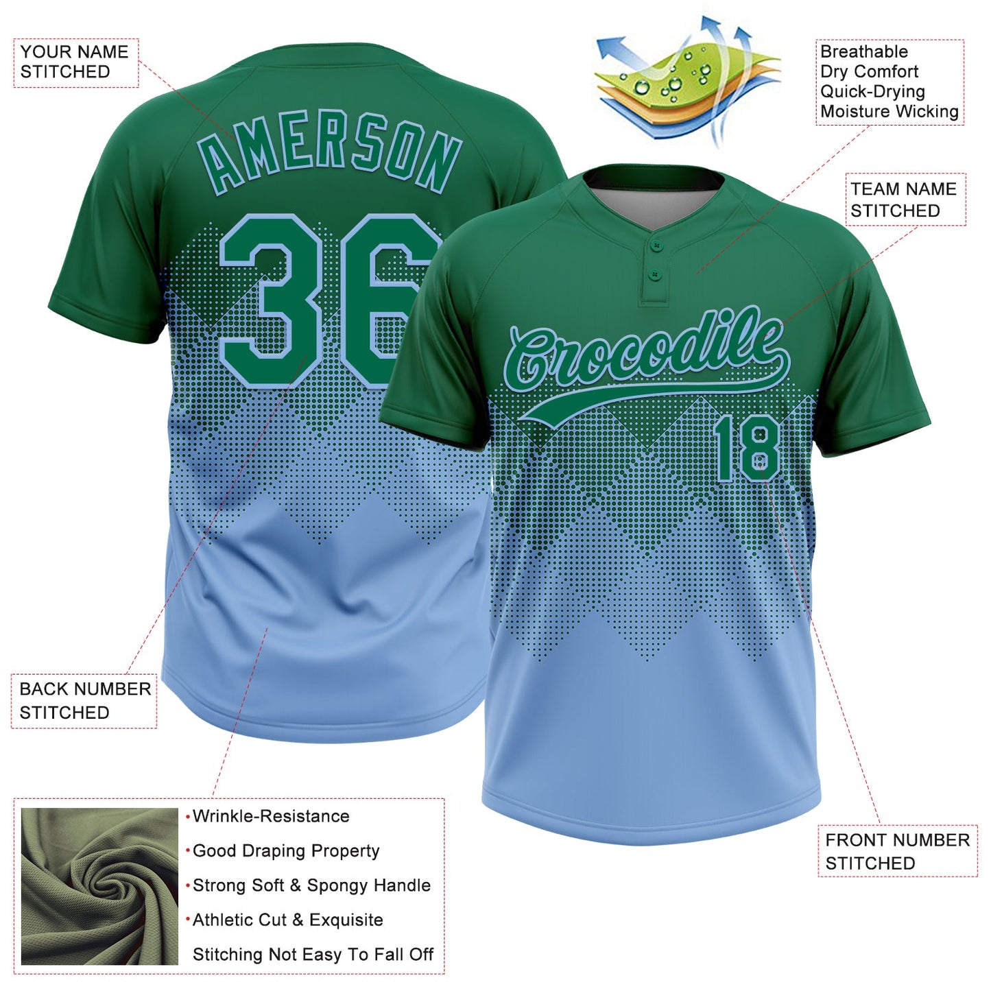 Custom Kelly Green Light Blue 3D Gradient Square Shape Two-Button Unisex Softball Jersey view 3